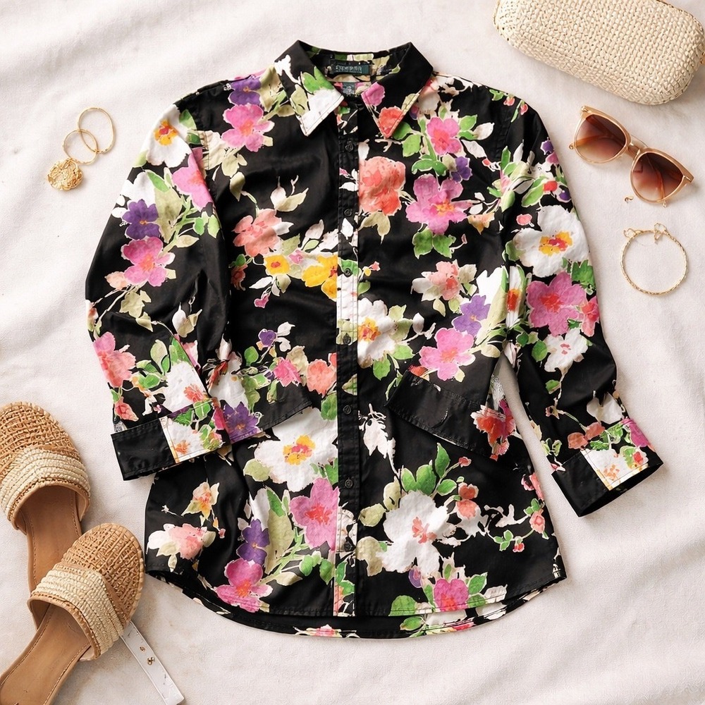 Lauren Ralph Lauren Button Down Women 1X Black Floral 3/4 Sleeve Cotton Blouse